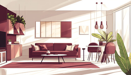 Fototapeta premium Modern maroon european living room drawing section. hand drawn sketch showcasing a spacious, contemporary european living room design with maroon accents, integrated dining area