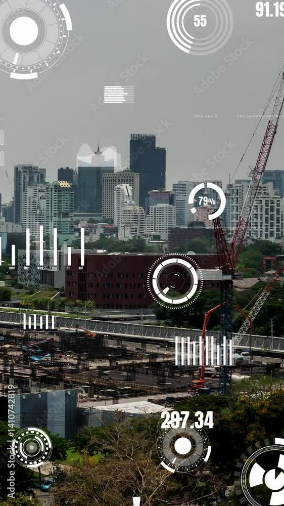 Poster construction technology concept with alteration graphic over construction site showing concept of au