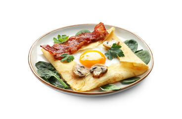 Delicious crepe with egg, bacon and mushrooms isolated on white. Breton galette