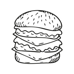 Vector Burger Sketch for Menu, Restaurant, Cafe, Poster, Banner. Hand Drawn Big Hamburger with cheese, salad, cucumber. Doodle Hamburger Day. Line Art Сheeseburger.