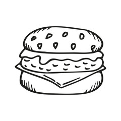 Vector Burger Sketch for Menu, Restaurant, Cafe, Poster, Banner. Hand Drawn Classical Hamburger with cheese, salad, cucumber. Doodle Hamburger Day. Line Art Сheeseburger.