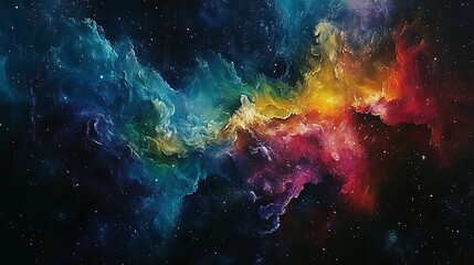 Naklejka premium Vibrant Cosmic Nebula in Space, A vibrant, colorful nebula in space with swirling clouds of blue, green, yellow, and red