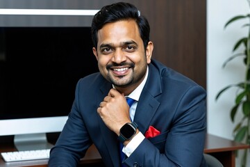 Confident South Asian Executive in Navy Blue Suit with Red Pocket Square and Smart Watch, blue tie and distinctive red pocket square smiling confidently at camera