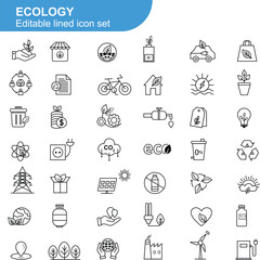 Set of ecology thin lined icon. Vector illustration of environment, leaf, earth, energy and more