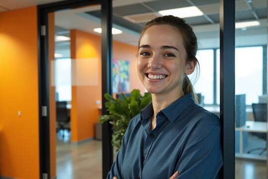 Cheerful Young Professional Woman in Dark Blue Shirt Standing in Modern Office with Orange Accent Walls, orange wall panels, glass partitions and lush green plants