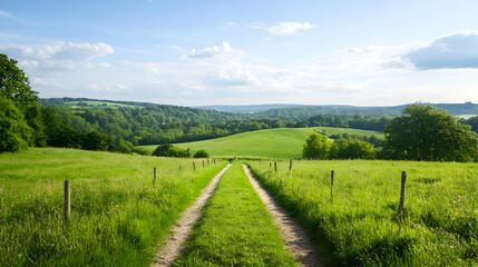 Obraz premium Green Countryside Path With Lush Grassland And Blue Sky