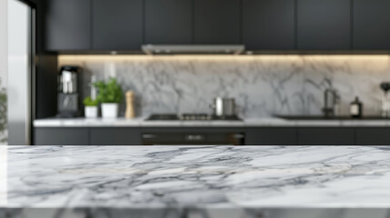 Empty marble countertop surface in foreground with a blurred modern kitchen background. Ideal for product display or backdrop. Focus on texture.
