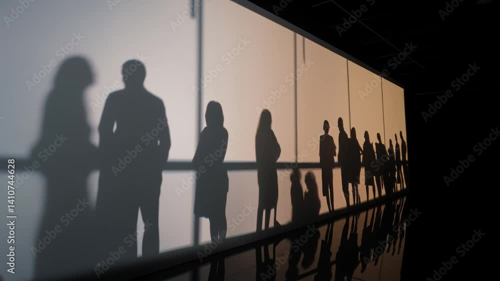 Poster shadows of people queueing in a corridor