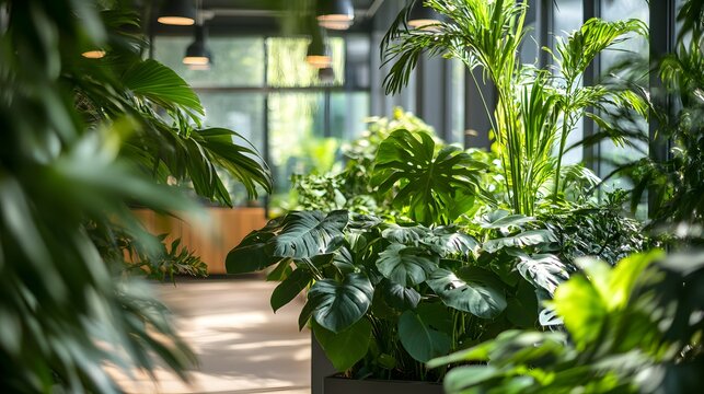 Interior Garden Oasis: A modern office space is transformed into a verdant sanctuary, lush with a diverse collection of thriving plants, providing a refreshing escape from the demands of the everyday.