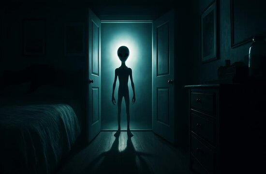 Extraterrestrial being entering dark bedroom