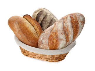 Different loaves of fresh bread in basket isolated on white