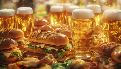 Close up of a group of friends sitting at a table full of sandwiches and beers at a festival