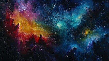 Vibrant Cosmic Nebula in Space, A vibrant, colorful nebula in space with swirling clouds of blue, green, yellow, and red