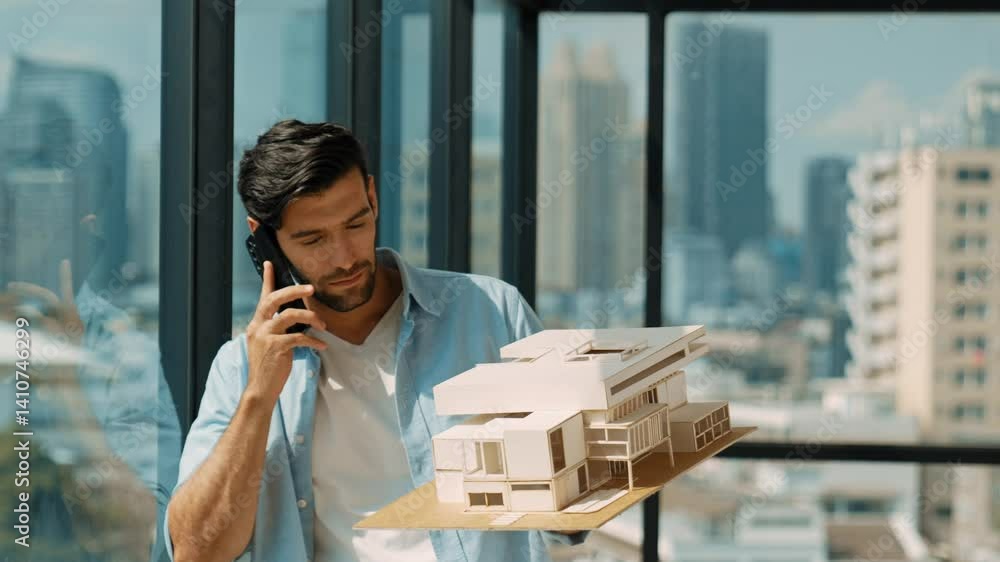 Poster smiling caucasian engineer turns house model left and right to check mistake point while phone calli