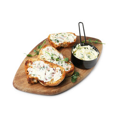 Tasty bread with garlic, herbs and butter isolated on white