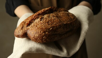 Woman with fresh loaf of bread on grey background, closeup