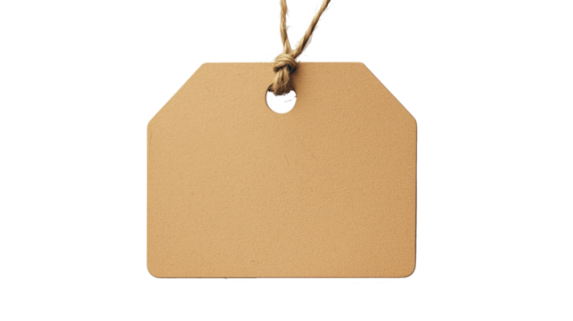 A close-up of a blank kraft paper tag with a round punched hole reinforced with a metal eyelet threaded with thin natural twine. The tag features a rectangular shape with softly rounded corners, evoki