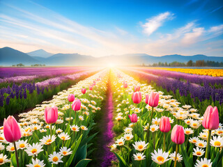 Obraz premium Beautiful Spring Flowers Blooming in a Scenic Meadow