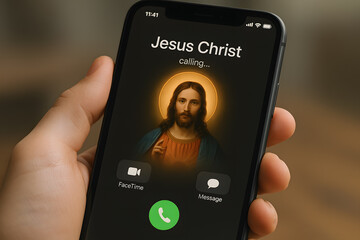 A person is holding a cell phone with a picture of Jesus Christ on it. The phone is on a table and the person is talking on it