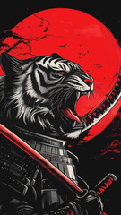 Obraz premium Tiger Samurai Warrior Under Blood Red Moon Minimalist Vector Art for T-Shirts and Stickers