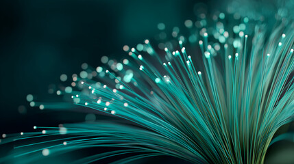 Teal fiber optic strands radiate outwards, glowing softly against a dark background, symbolizing connection, technology, and innovation