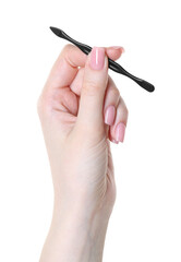 Woman with cuticle pusher on white background, closeup. Manicure tool