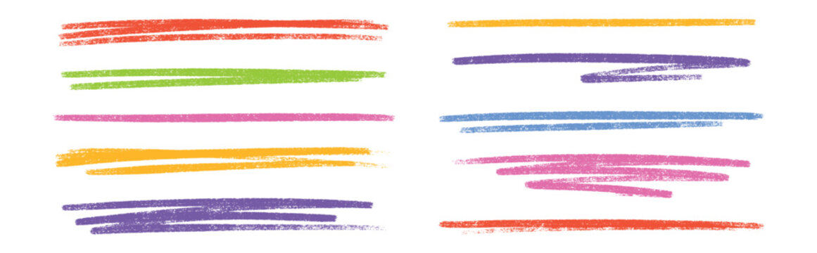 Pastel underline color crayon set - horizontal hand drawn chalk, marker or pencil highlighter strokes with rough textured edges. Design elements for emphasizing text lines and decorative accents