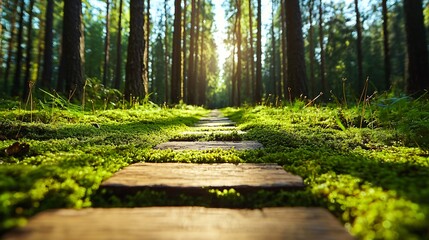 Radiant moss path leading through old-growth forest, earthy colors glowing under sunlight, nature harmony, peaceful forest energy