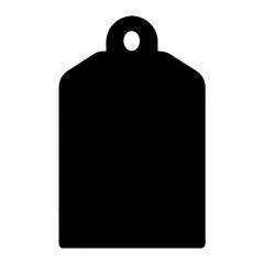 A simple solid black price tag or label with a hanging hole