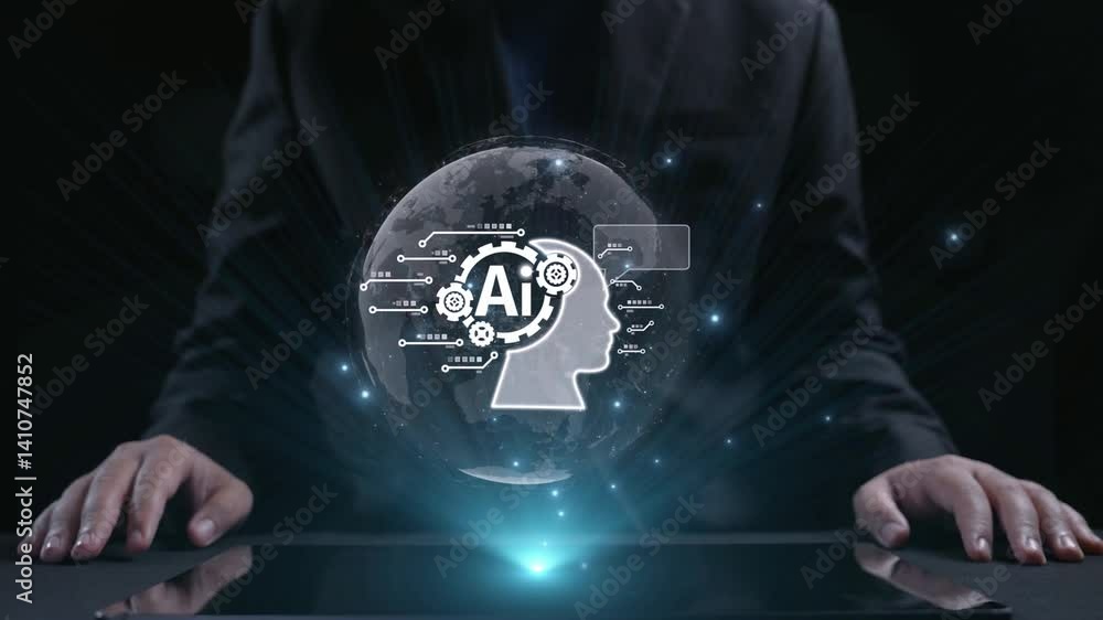 Poster human interact with ai artificial intelligence brain processor in concept of ai artificial intellige