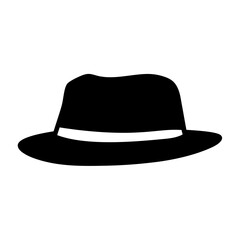 A stylish black fedora hat with a white band on display