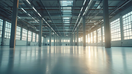 Obraz premium Empty Modern Industrial Factory Interior With Sunlight