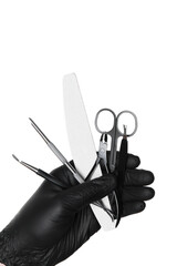 Woman with manicure tools on white background, closeup