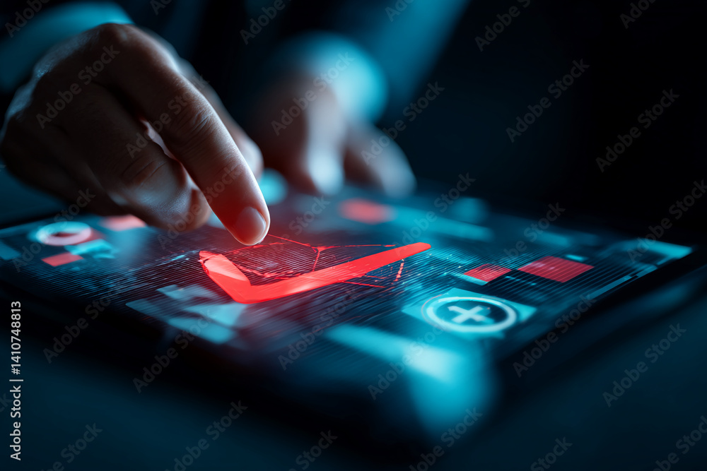 Poster close-up of hand interacting with tablet screen, showcasing a red checkmark graphic element. represe