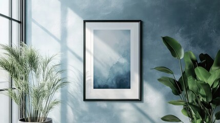 Serene Blue Abstract Art Print in Modern Interior Design with Plants and Sunlight