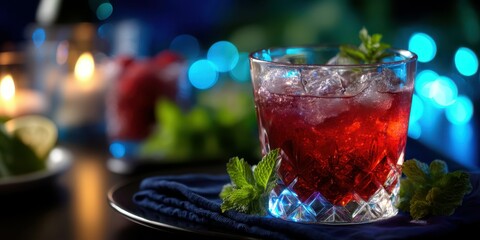 Refreshing cocktail served in a crystal glass with mint leaves and ice against a blue bokeh background