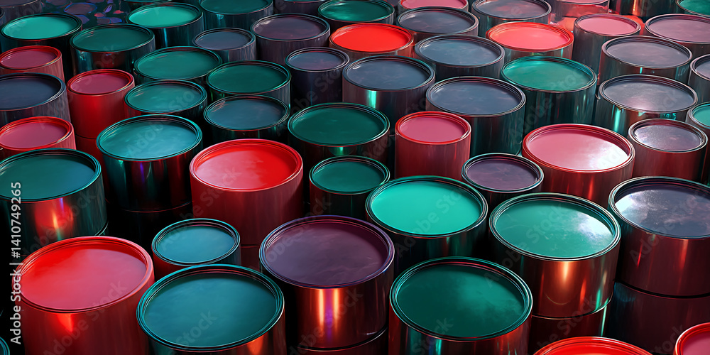 Aufkleber numerous cylindrical containers filled with red and teal paint, showcasing a metallic sheen and refl