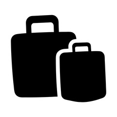 Two simple stylized black travel suitcases, luggage, one large and one small