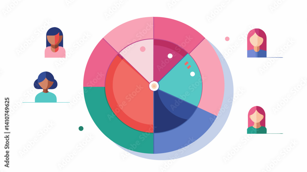Poster a visually striking pie chart displaying the breakdown of female voters by age group.. vector illust
