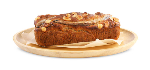 Homemade banana bread with nuts isolated on white