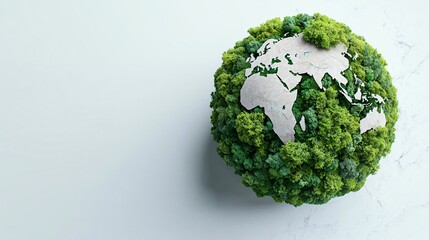 Light-infused forest globe rotating above clean marble surface, dynamic eco light effect, atmosphere clarity, sustainable planet model, bright color grading