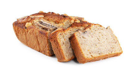 Cut banana bread with nuts isolated on white