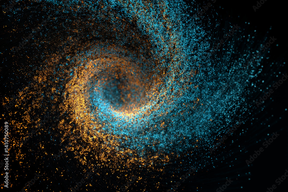 Poster abstract image of swirling blue and gold particles on black background, creating a vortex effect, sy