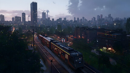 Fototapeta premium Pixelated Cityscape Evening View With Train