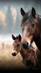 Naklejka premium Horses standing in a misty meadow during early morning hours in a tranquil natural setting