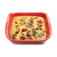 Delicious focaccia with flowers made of vegetables isolated on white