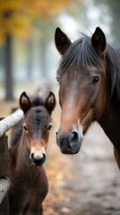 Fototapeta premium Two horses share a moment in an autumn landscape with trees and fog in the background
