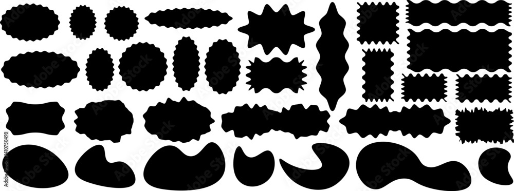Poster collection of wavy-edge badges and abstract organic blobs in silhouette style. vector eps 10