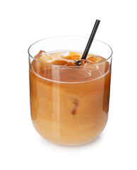Tasty iced coffee in glass isolated on white