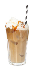 Tasty iced coffee with whipped cream isolated on white